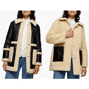 Topshop Raven Reversible Faux Shearling Coat Beige Black Size 12 NWT